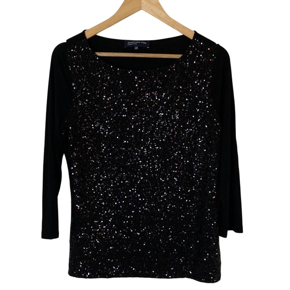 Jones New‎ York Womens Black Sequin Front Top Size Large Stretch Lightweight
